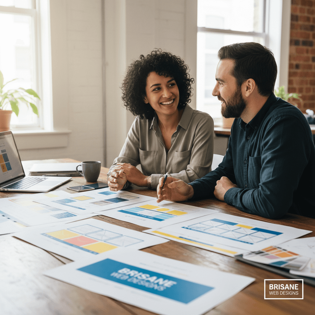 Business owner and designer collaborating on website project