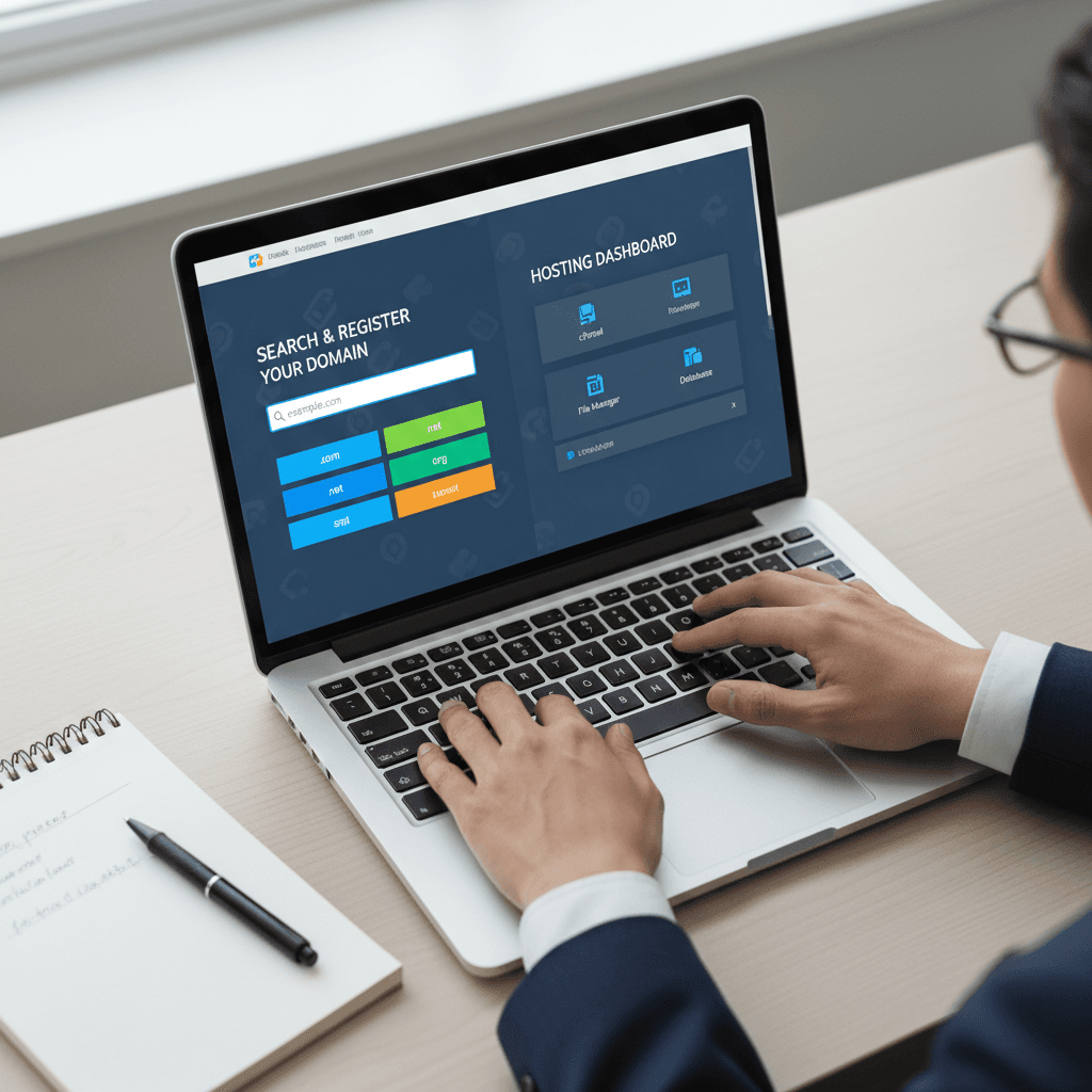 Hands typing on laptop setting up domain and hosting