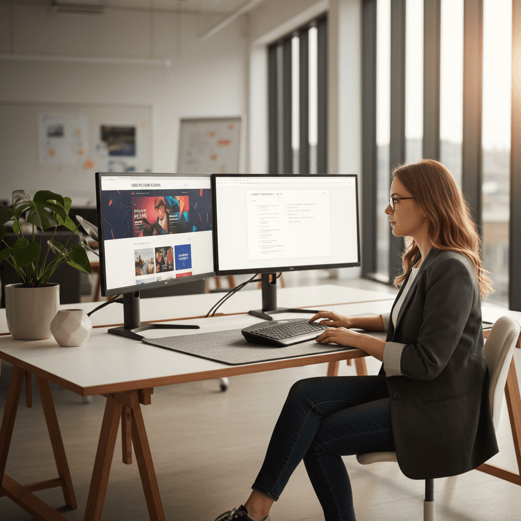 Web designer reviewing site revisions on dual monitors in a modern office