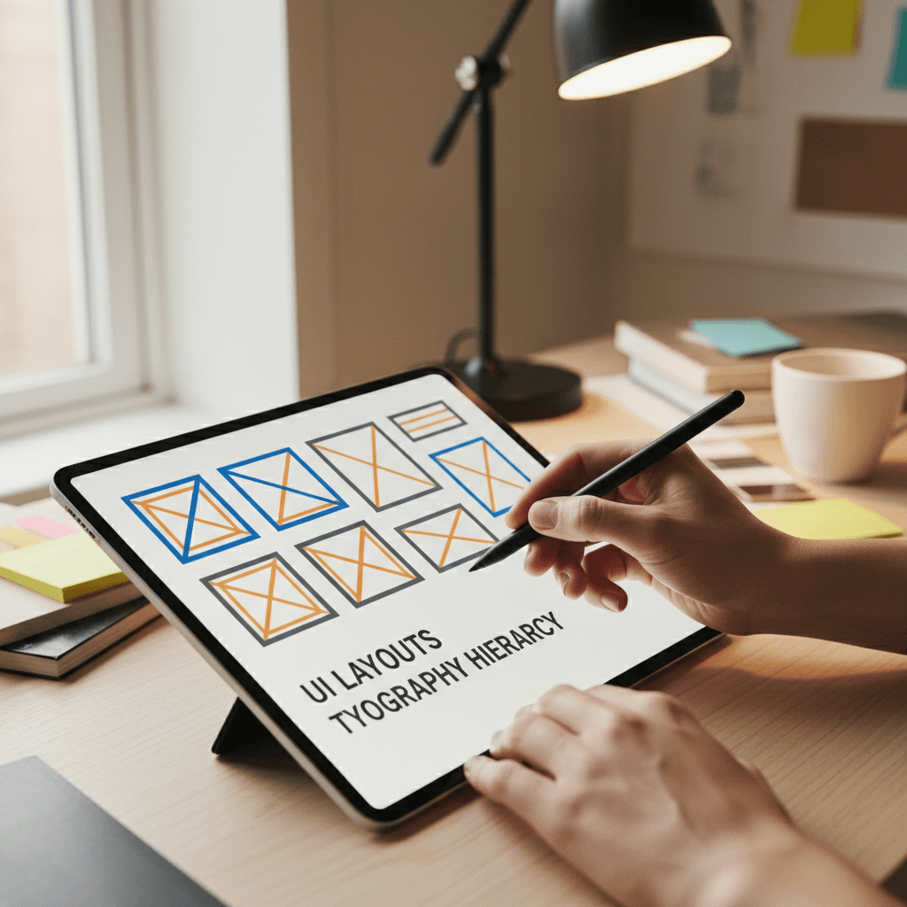 Web designer sketching website wireframes with tablet and stylus in a Brisbane workspace