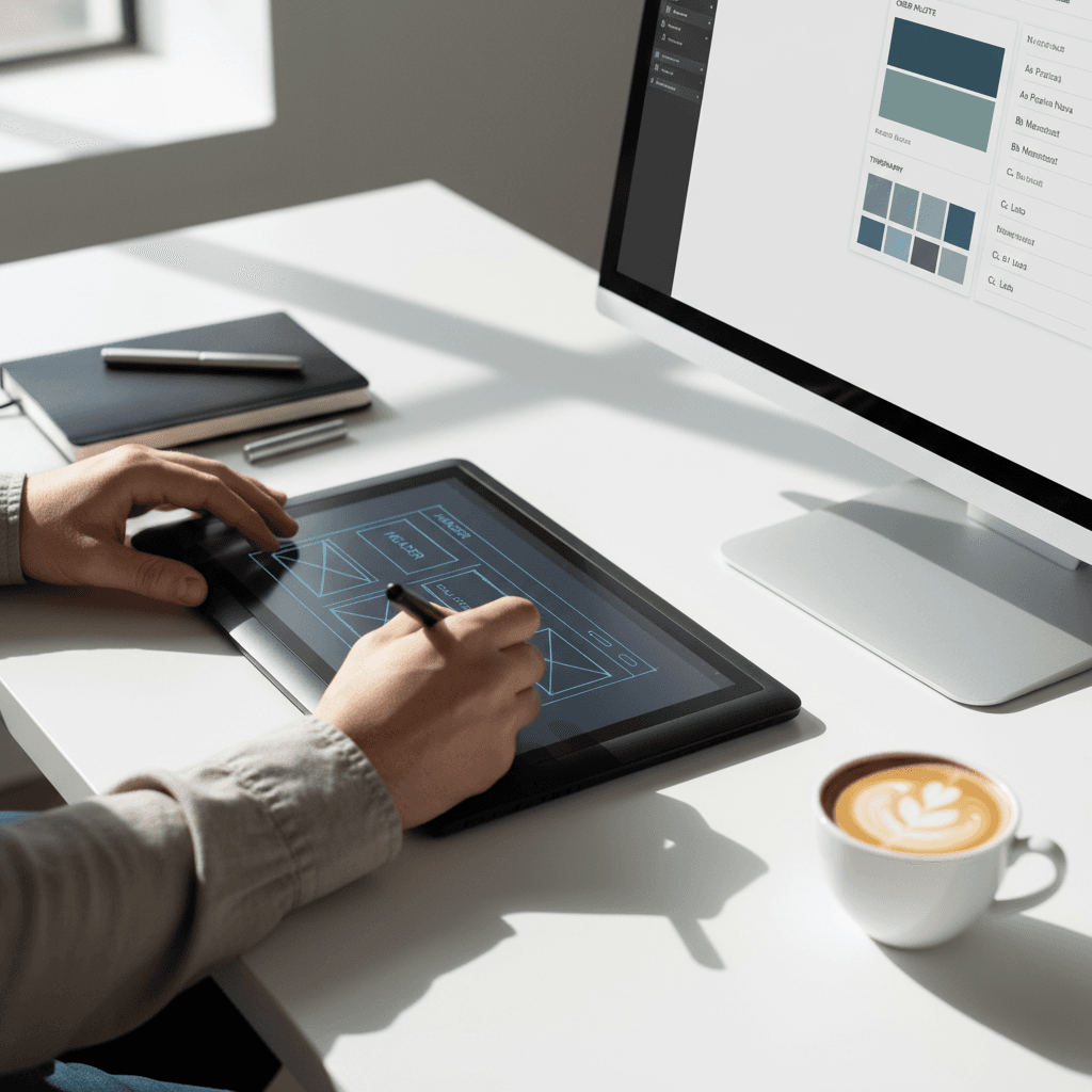 Designer sketching website wireframes on a tablet