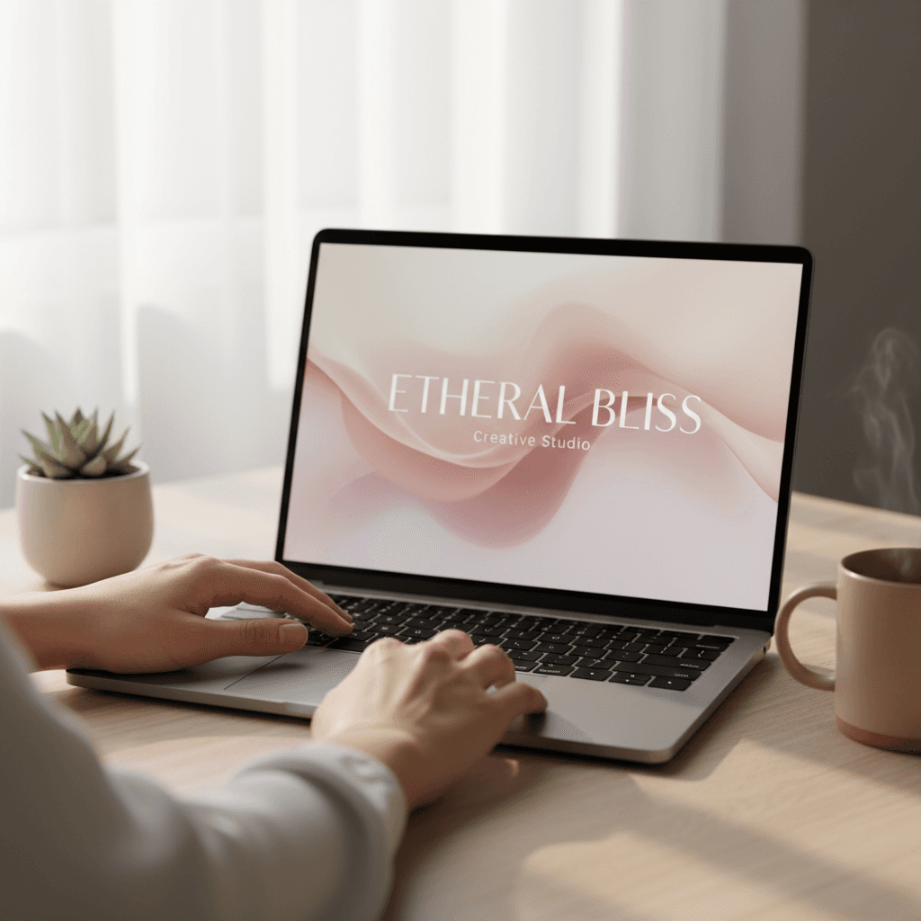 Designer's hands working on laptop showing elegant single-page website with romantic color palette in natural light