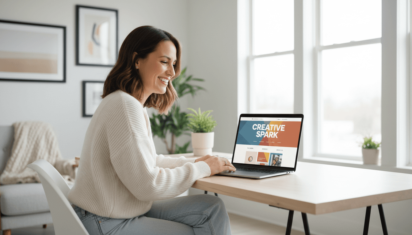 Small business owner working on website design at a clean, modern workspace with natural light